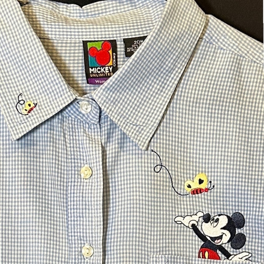 Vtg Mickey Unlimited Shirt‎ Womens 20W Blue Gingham Embroidered Butterfly Disney